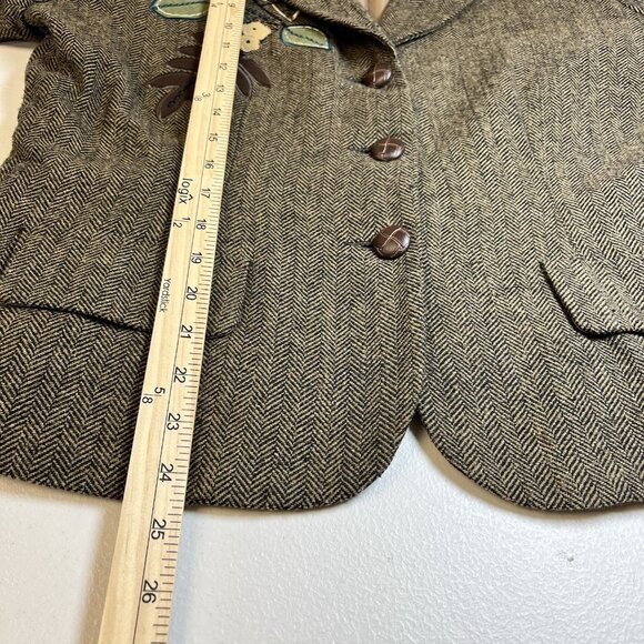 Vintage Dressbarn Wool Blend Blazer‎ Size 16 Brown Herringbone Floral Applique - Picture 7 of 9